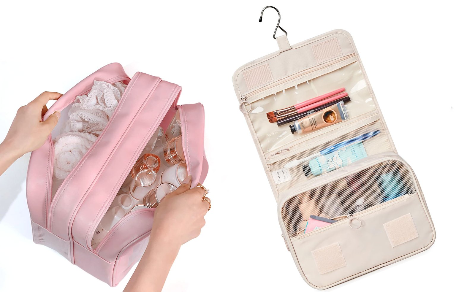 upright bottle layout in toiletry bag