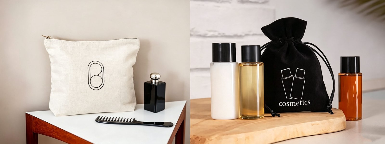 custom amenity bags used for guest kits and travel essentials