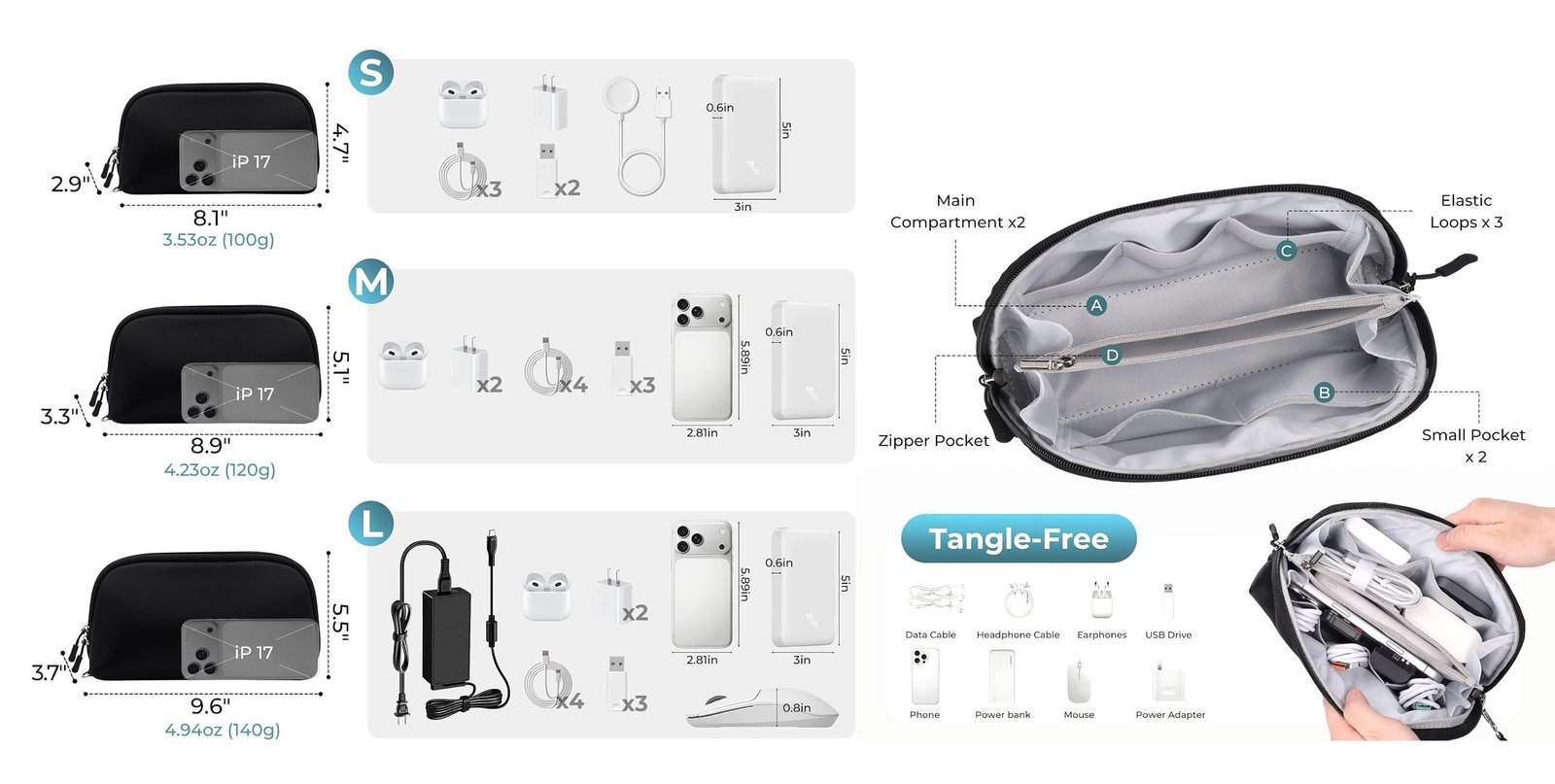 corporate tech organizer pouch with charger cable mouse and power bank