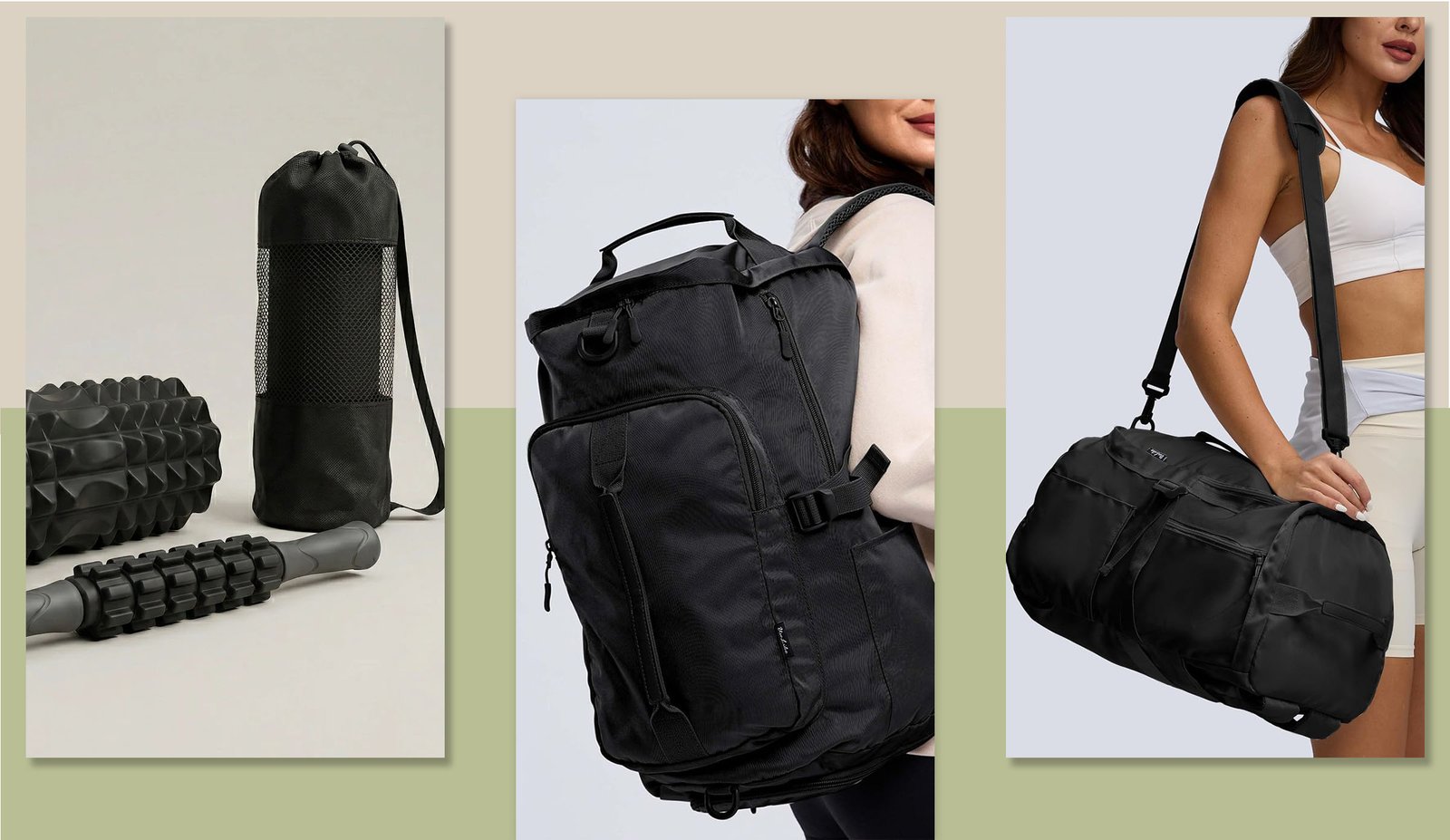 branded gym recovery bags in drawstring backpack and duffle styles