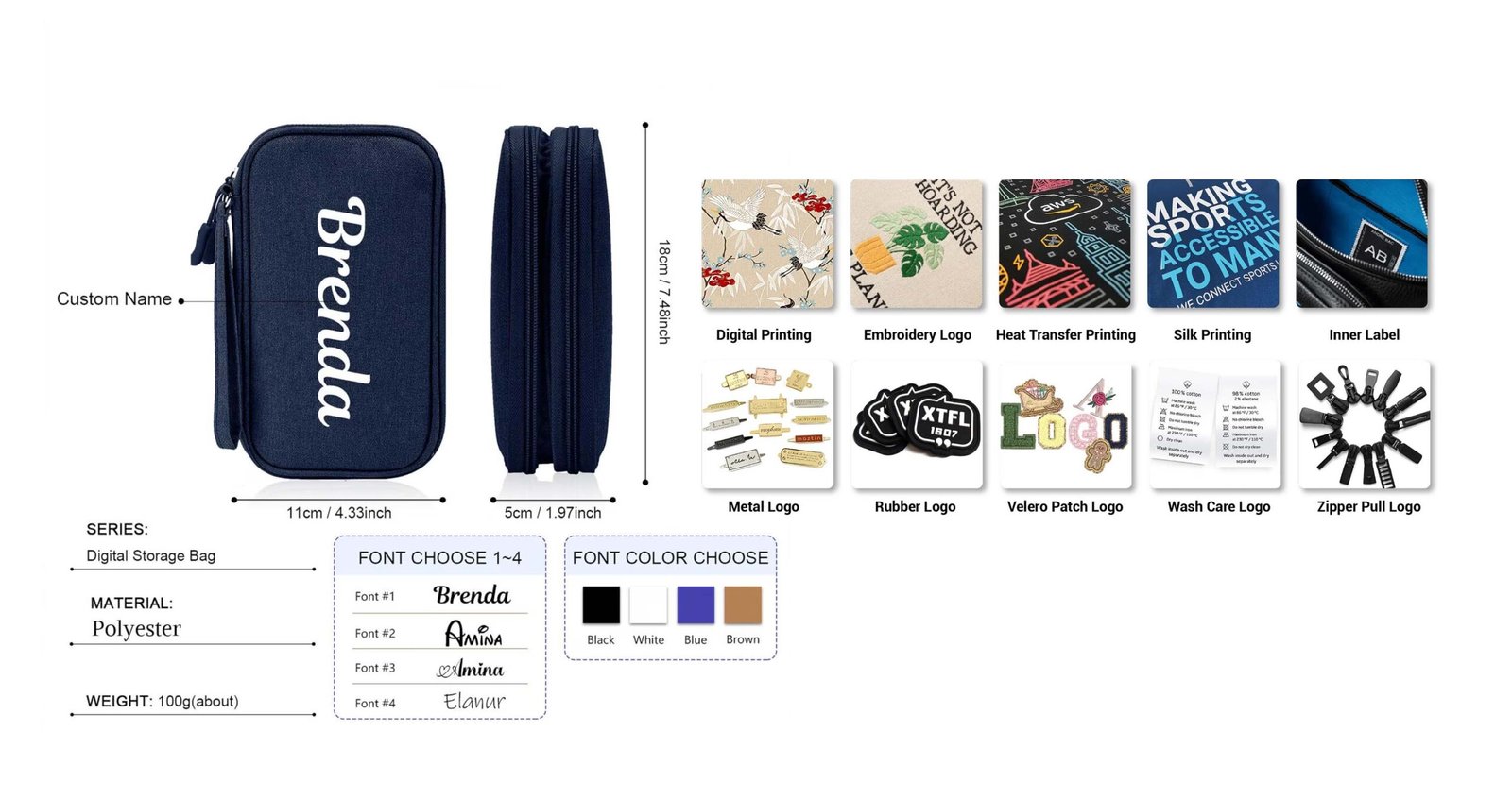 tech organizer pouch spec sheet with dimensions materials and compartments