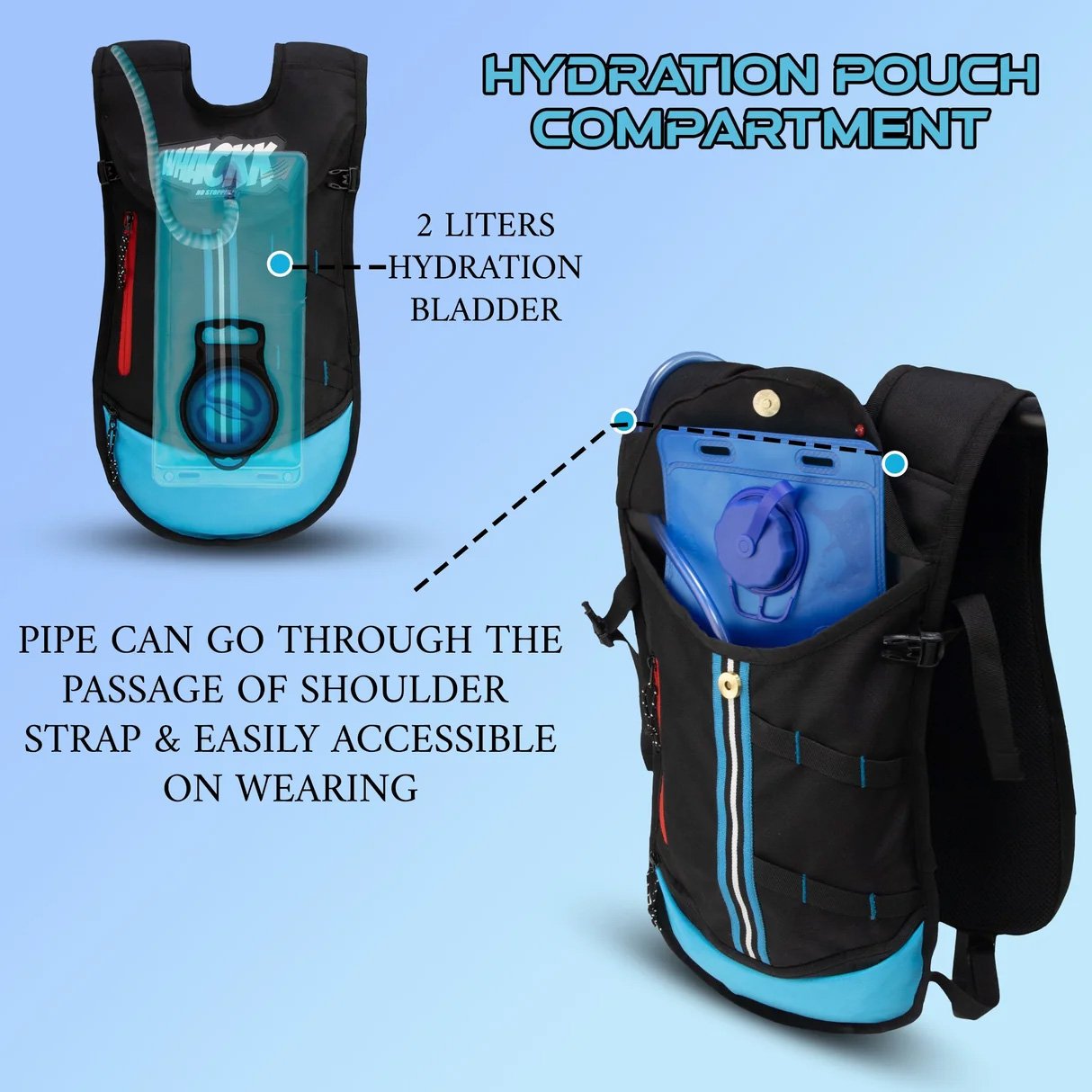 hydration sports backpack structure with bladder pocket and tube routing