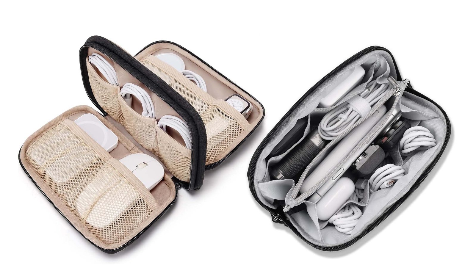tech organizer pouch structure with compartments and zipper opening