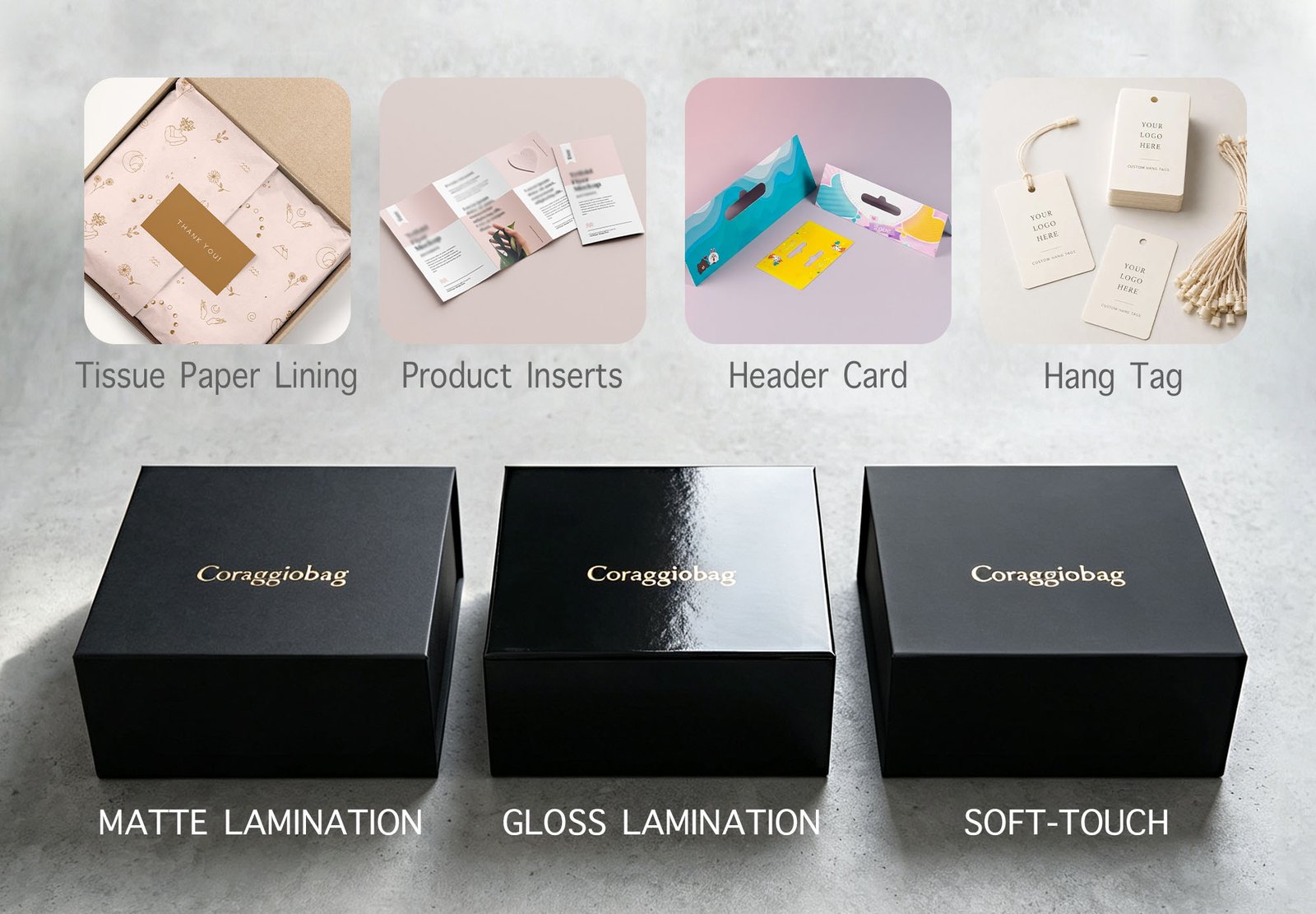 Finishes and packaging options for custom gift bags