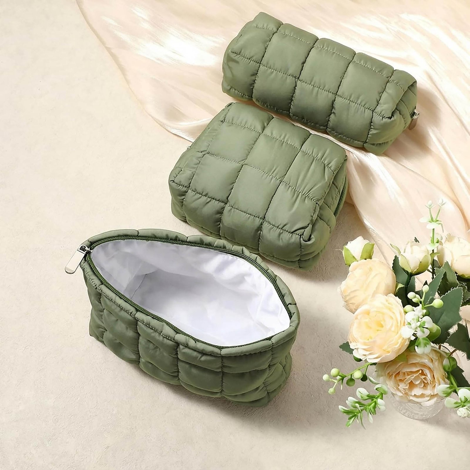 3-Piece Puffy Quilted Makeup Bag Set